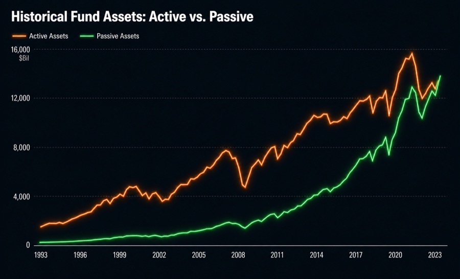 Historical fund assets, active versus passive, 1993–2023